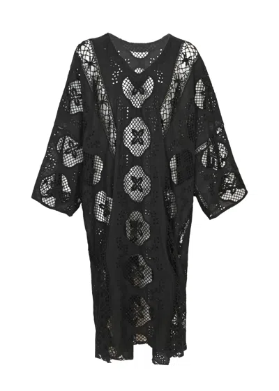 Miss June Eden Caftan In Black | Lace Beach Cover Up Midi Dress | V-neck, Side Slits, Cut-out Details | Cotton