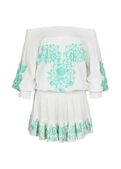 Miss June Eleyna Off Shoulder Mini Dress In White | Long Sleeve Short Dress | Embroidered Details &amp; Elasti