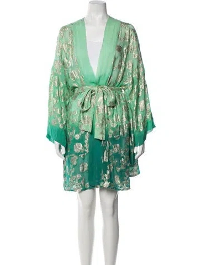 Pre-owned Miss June Floral Print Glitter Accents Robe In Green/metallic