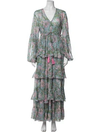 Pre-owned Miss June Floral Print Long Dress In Blue/green