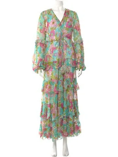 Pre-owned Miss June Floral Print Long Dress In Green