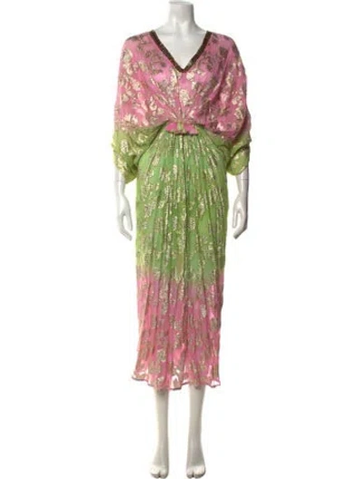 Pre-owned Miss June Floral Print Long Dress In Green/pink