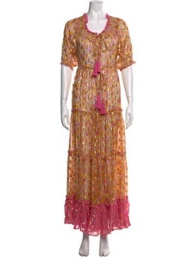 Pre-owned Miss June Floral Print Long Dress In Metallic/pink