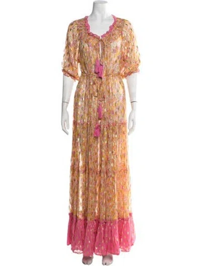 Pre-owned Miss June Floral Print Long Dress In Metallic/pink