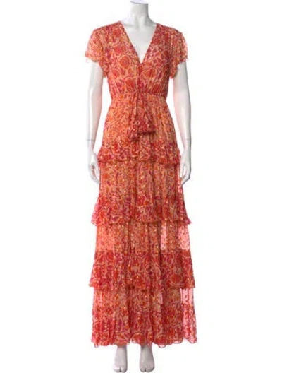 Pre-owned Miss June Floral Print Long Dress In Orange