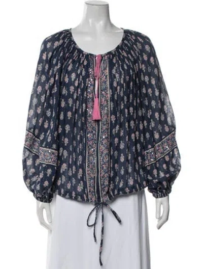 Pre-owned Miss June Floral Print Scoop Neck Blouse In Blue