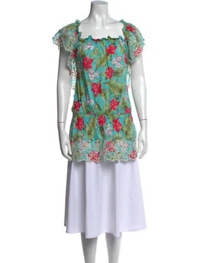 Pre-owned Miss June Floral Print Square Neckline Blouse In Green