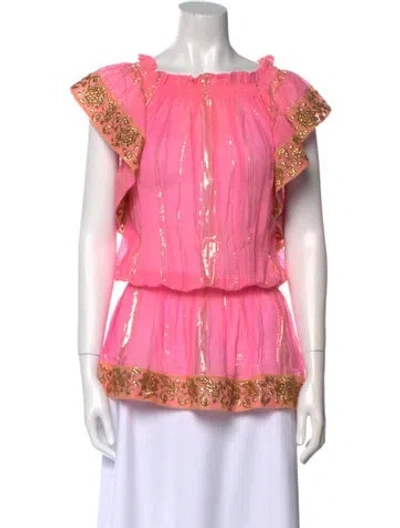 Pre-owned Miss June Floral Print Square Neckline Blouse In Pink