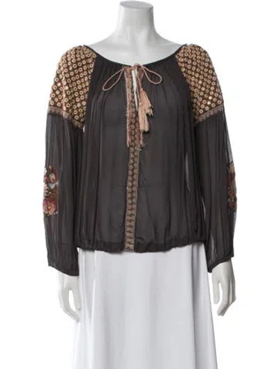 Pre-owned Miss June Floral Print Tie Neck Blouse In White
