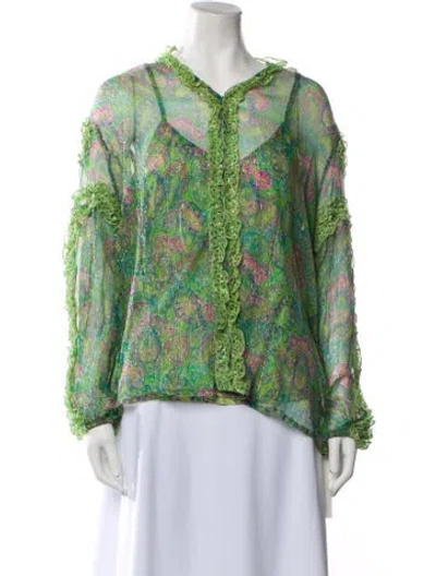 Pre-owned Miss June Floral Print V-neck Blouse In Green