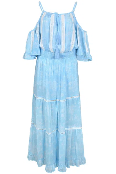 Miss June Karena Long Dress In Blue | Off Shoulder Sleeves &amp; Spaghetti Straps | Cotton Floor Length Dress 