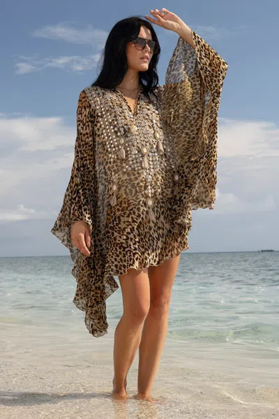 Miss June Kayla Short Kaftan | Boho Chic Style Short Beach Dress | Mirror Embroidery, Tassels, Leopard Print | In Brown
