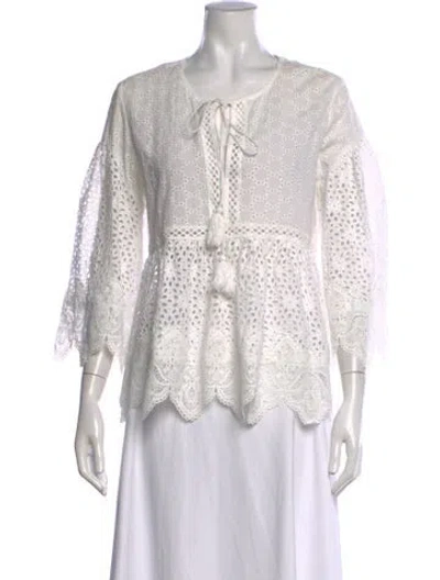 Pre-owned Miss June Lace Pattern Tie Neck Blouse In White