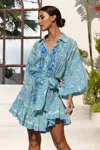 Miss June Mini Shirt Dress With Floral Embroidery In Blue