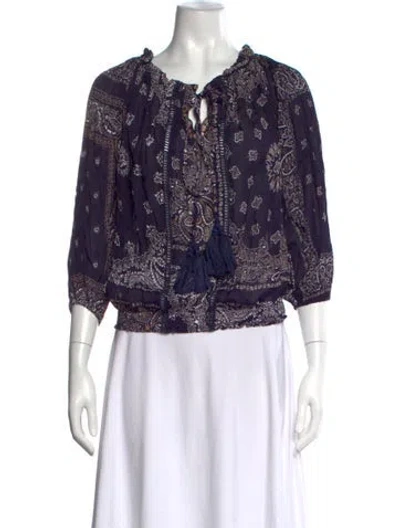 Pre-owned Miss June Paisley Print Tie Neck Blouse In Blue