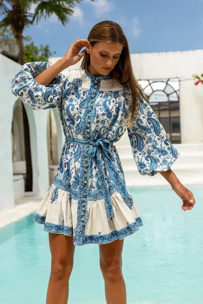 Miss June Paisley Shirt Dress In Cream/blue