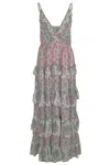 Miss June Pamela Long Dress In Pink | Floor Length Sleeveless V-neck Dress | Colourful Floral Print, Tiered Ru In Brown