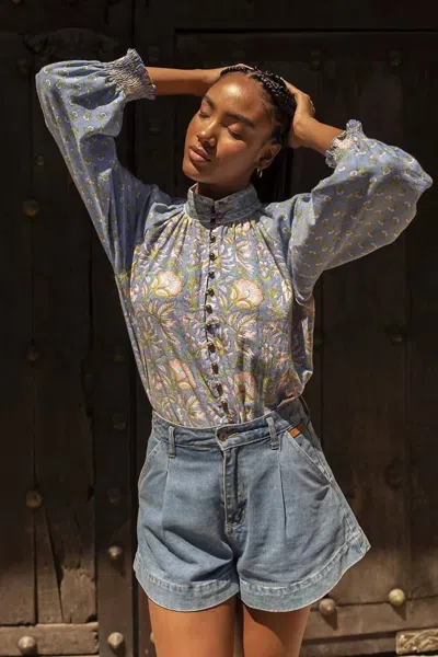 Miss June Paris Raquel High Neck Blouse In Blue