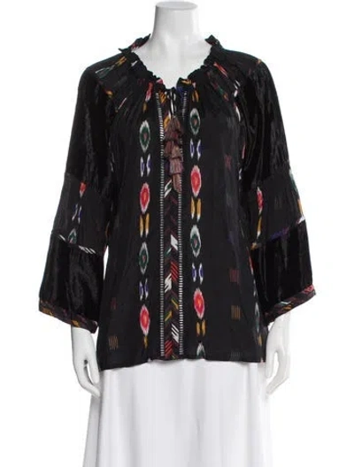 Pre-owned Miss June Patterned Tie Neck Blouse In Black