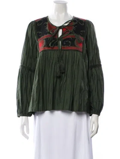Pre-owned Miss June Patterned Tie Neck Blouse In Green