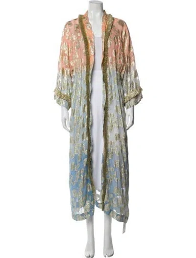 Pre-owned Miss June Printed Raw-edge Trim Robe In Blue
