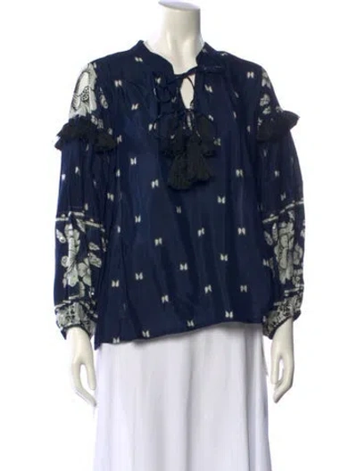 Pre-owned Miss June Printed V-neck Blouse In Blue