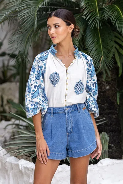 Miss June Puff Sleeve Top In Cream/blue