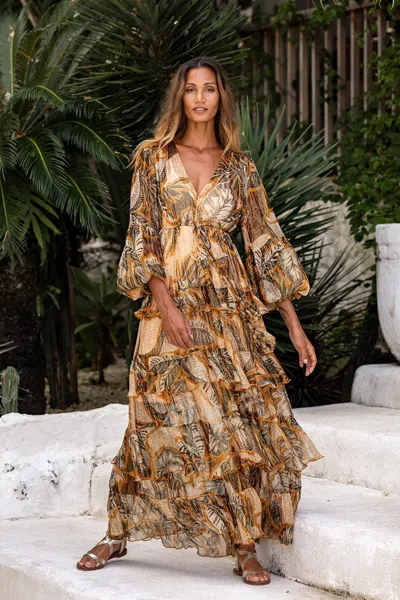 Miss June Ruffle Tiered Maxi Dress In Brown/beige In Multi