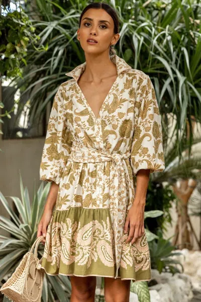 Miss June Short Shirt Dress In Off White/khaki In Green