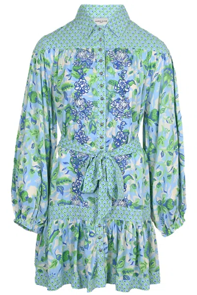 Miss June Stefania Short Dress In Blue | Puffed Long Sleeves &amp; Matching Belt | Embroidery, Sequins, Bohemi In Green
