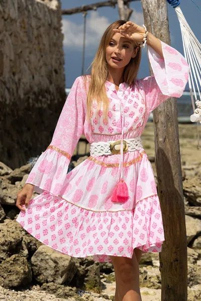 Miss June Summer Skater Dress In Pink In Poppy Neon Pink | Tropical Boho Print, Embroidered With Long Flowy Sl