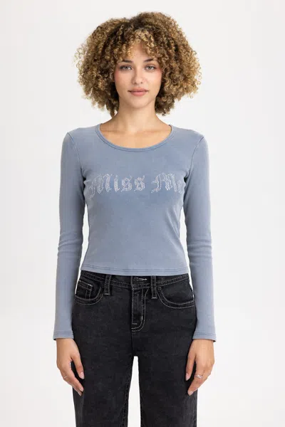 Miss Me Alice Rhinestone Top - L / Denim Blue