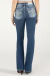 Miss Me Barely There Fleur De Lis Bootcut Jeans In Med/dark Wash