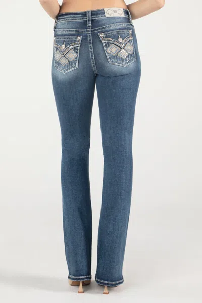 Miss Me Blue And Tan Geometric Floral  Bootcut Jeans In Med/dark Wash