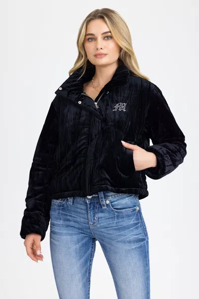 Miss Me Crushed Velvet Puffer Jacket - M / Black