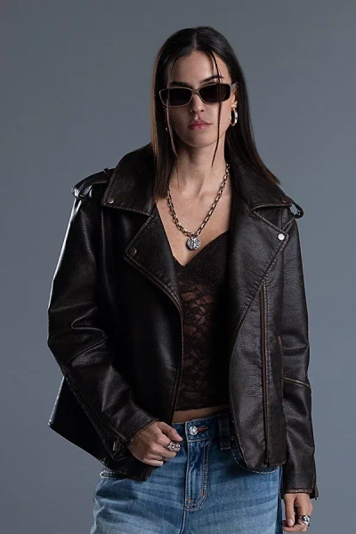 Miss Me Elara Leather Jacket In Chocolate Brown, Women's At Urban Outfitters