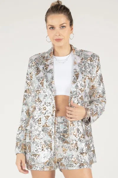 Miss Me Geometric Multi-sequin Blazer In Silver Grey