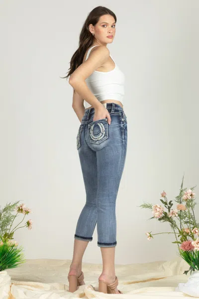 Miss Me Horseshoe Blues Denim Capri In Medium Wash