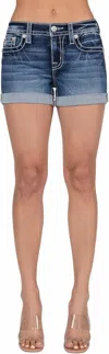Miss Me Mid-rise Sparkle Studded Shorts In Dark Blue Wash In Blue