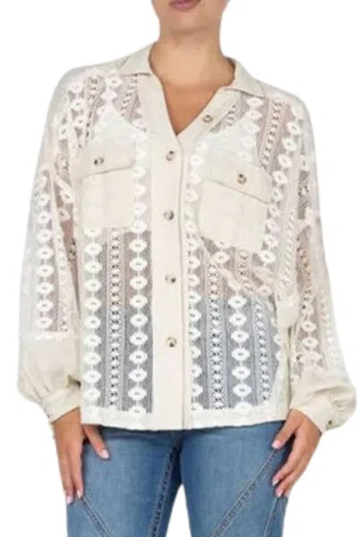 Miss Me Mixed Media Button Down Blouse In Oatmeal In White