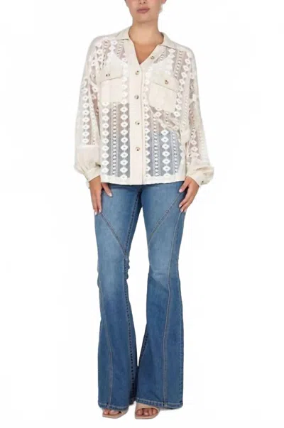 Miss Me Mixed Media Button Up Long Sleeve Top In White/beige In Multi