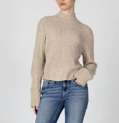 Miss Me Mock Neck Waffle Knit Sweater Top In Beige