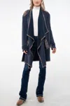 Miss Me Open Drape Knit Cardigan With Aztec Printed Contrast In Navy In Blue