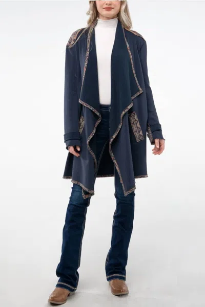 Miss Me Open Drape Knit Cardigan With Aztec Printed Contrast In Navy In Blue