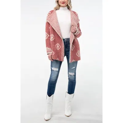 Miss Me Open Front Aztec Terry Cloth Cardigan In Brick Red