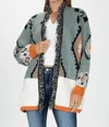Miss Me Color Block Open Front Aztec Cardigan In Jade Green In Multi