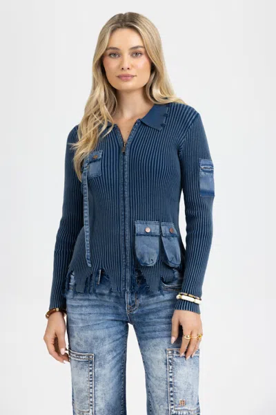Miss Me Ryleigh Collared Top - M / Denim Blue