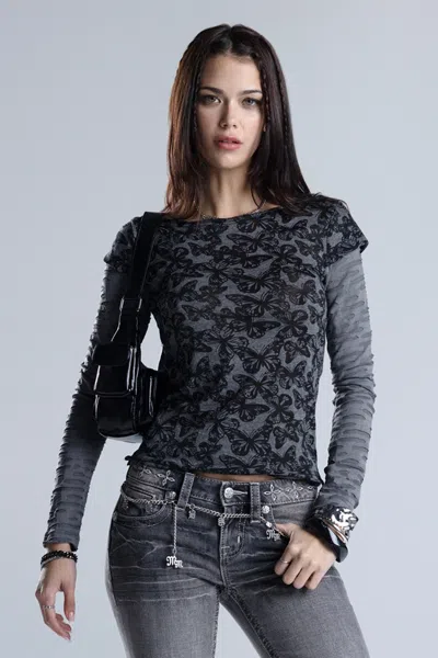 Miss Me Serixia Butterfly Mesh Top - L / Charcoal Black