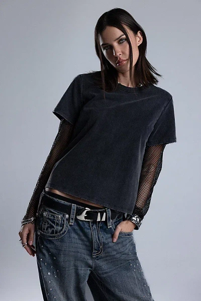 Miss Me Shiloh Mesh Sleeve Tee In Charcoal Black, Women's At Urban Outfitters