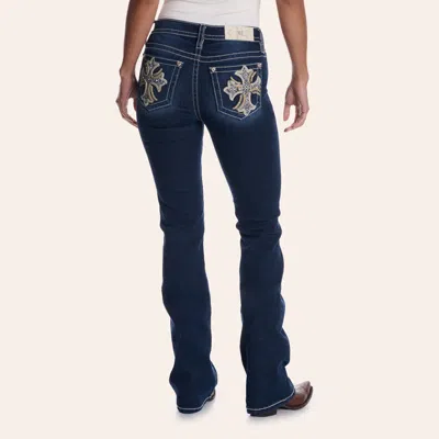 Miss Me Women's Dark Wash Cross Pocket Embellished Bootcut 34" Jeans In Blue